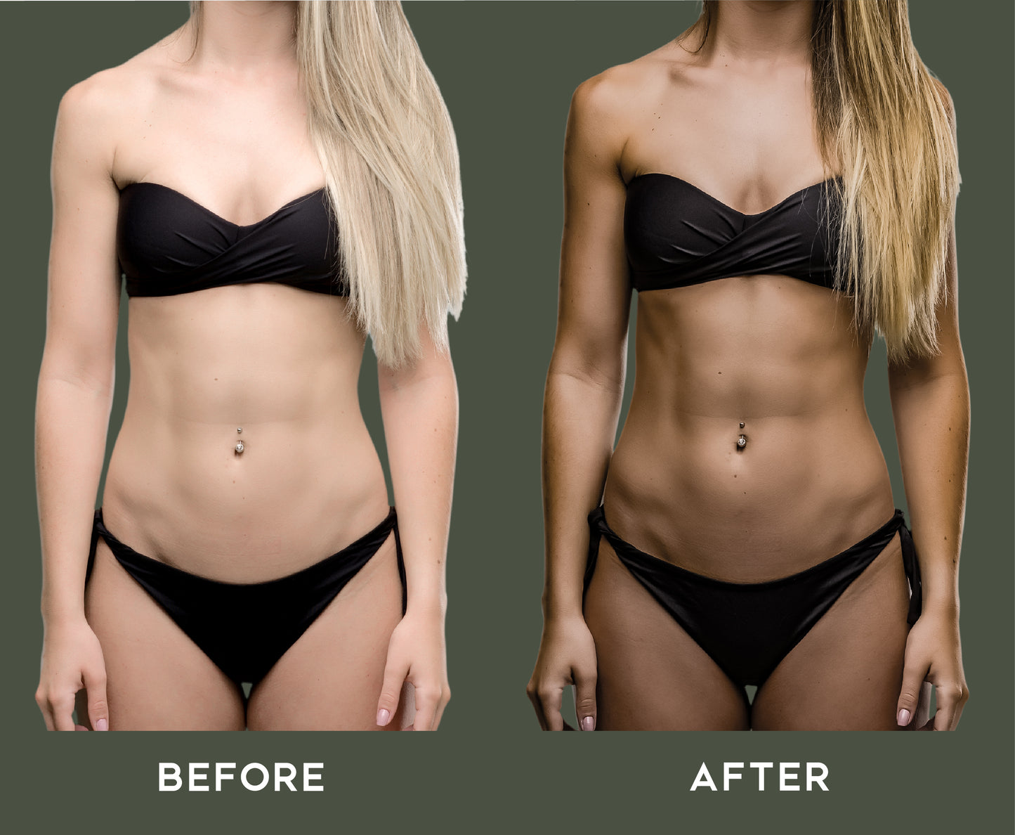 Before and after using Keyana Self Tan Mousse Dark Green-Based – deep, golden tan with a smooth, even finish and no orange undertones.