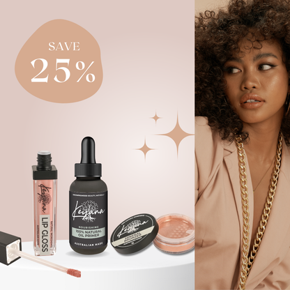 Keyana Glow Bundle – mineral bronzer, 100% natural oil primer, and hydrating lip gloss for a radiant, sun-kissed look.