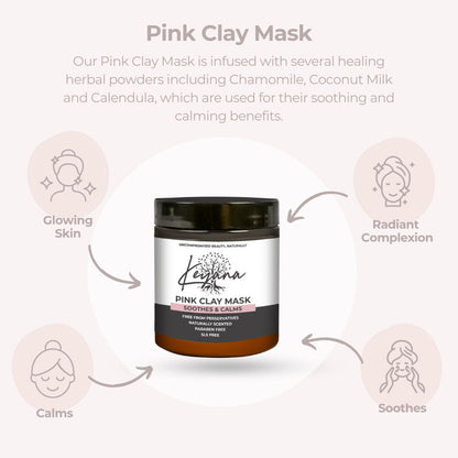 Keyana Pink Clay Mask in a jar, a detoxifying and brightening formula with Australian Pink Clay that gently exfoliates, hydrates, and smooths skin.