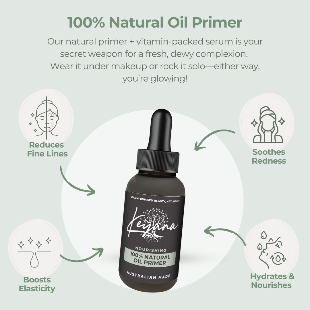 Keyana Natural Oil Primer, a 100% natural formula that hydrates and primes skin for a flawless finish. Enriched with jojoba, macadamia, and rosehip oils, it doubles as a moisturizer and a foundation converter.