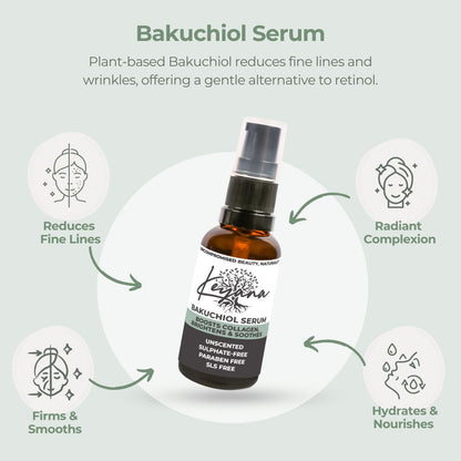 Keyana Bakuchiol Serum, a natural retinol alternative, helps reduce fine lines and wrinkles while hydrating and restoring the skin with plant-based ingredients.