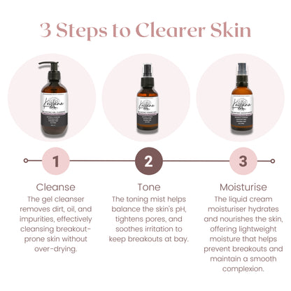 Keyana Clear Skin 3-step routine – cleanse, tone, and hydrate to balance oil, reduce breakouts, and promote a fresh complexion.