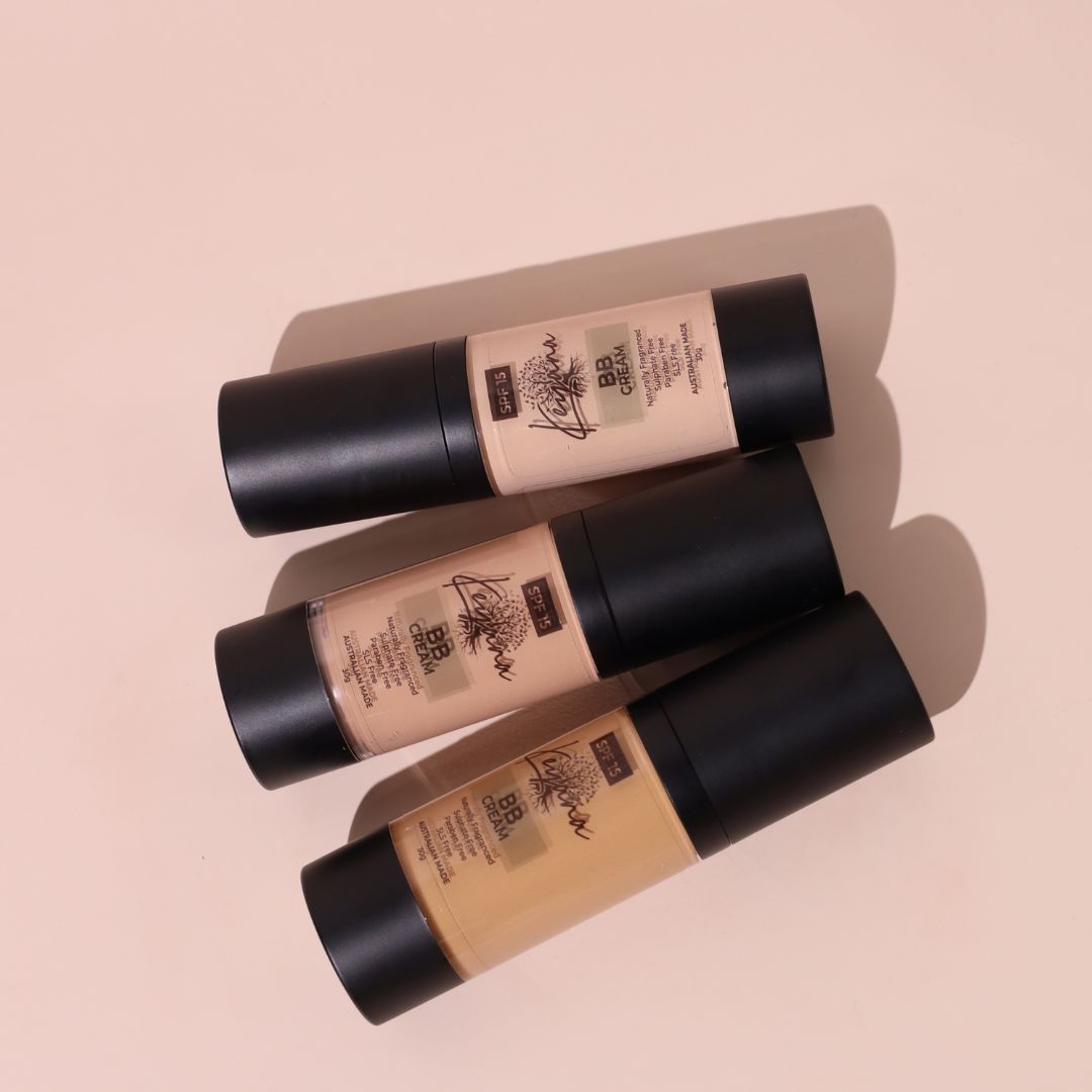 Keyana BB Cream collection displayed together, showcasing a range of tinted moisturizers that hydrate, even skin tone, and provide a natural finish with added SPF protection.